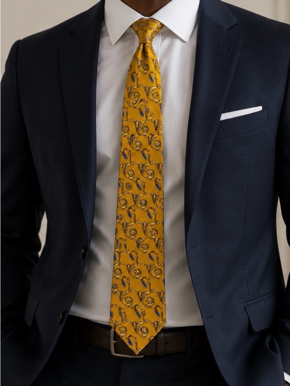 Grimaldi Mustard Yellow Silk Patterned Tie - Blue Accents